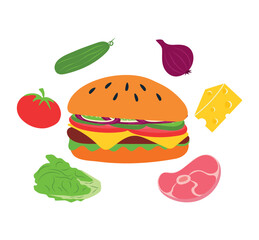 Cheeseburger or burger surrounded by ingredients for cooking.