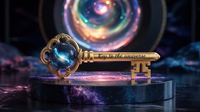 Golden key to the universe on a cosmic pedestal with galaxy sphere. - Powered by Adobe