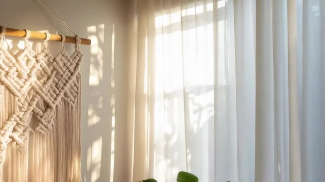 Close up of hand woven macrame wall hanging with artistic design and Monstera plant casting shadows indoors