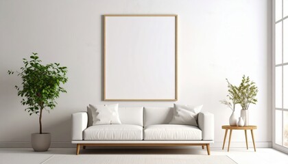 Minimalist living room with white sofa framed art and potted plant near bright window