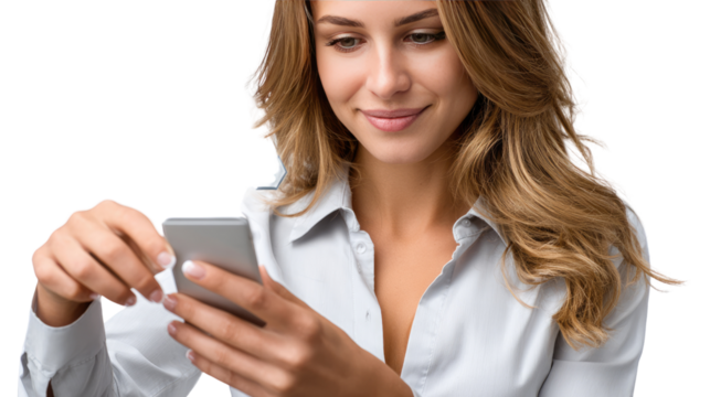 Woman Engaged with Her Mobile Phone: A beautiful woman, lost in thought, engages with her sleek mobile phone, demonstrating the pervasive role of technology in modern lifestyles. - Powered by Adobe