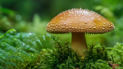 Fototapeta premium A close-up of a mushroom cap glistening with dew, surrounded by lush green moss and ferns, in the heart of the forest