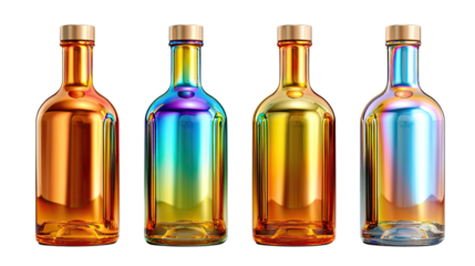 Rainbow Bottles: A captivating array of four glass bottles, each adorned with a unique iridescent sheen that dances with color and light, creating a visually stunning display of modern elegance.