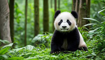 Obraz premium Playful Panda Cub in Dense Green Woodland