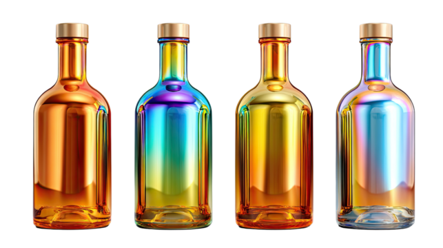 Rainbow Bottles: A captivating array of four glass bottles, each adorned with a unique iridescent sheen that dances with color and light, creating a visually stunning display of modern elegance.