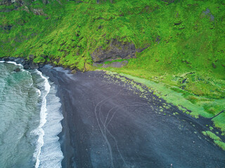 Aerial scenic view of Vikurfjara black sand beach near Vik in Southern Iceland.