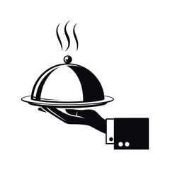 Waiter Hand Holding a Serving Tray with Food and Steam in Black and White Icon Style