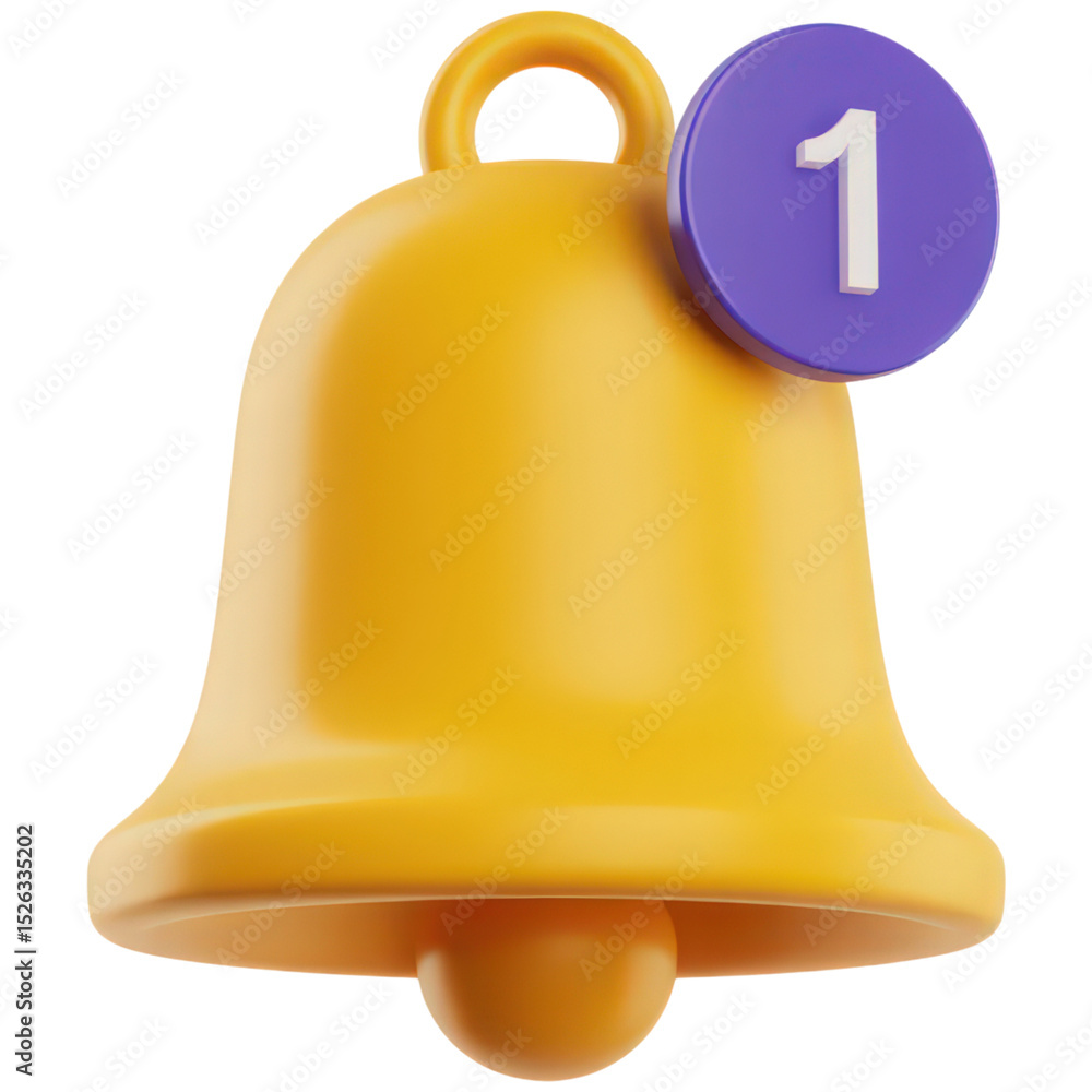Poster golden notification bell with purple badge displaying number one on transparent backdrop for alert a