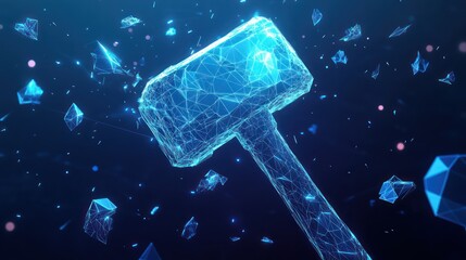 Naklejka premium Digital hammer shattering crystals, dark blue background, tech concept