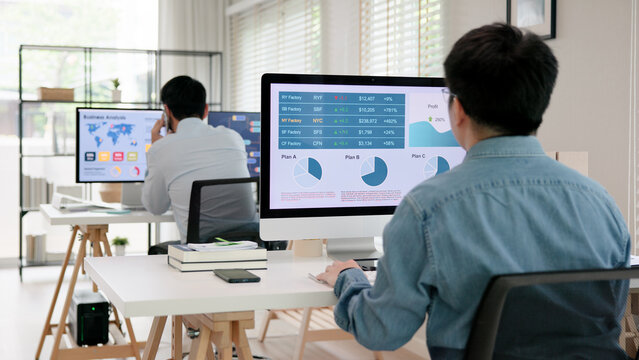 Asia people expert man tech talent working on project predict sales insight SEO graph chart AI smart plan visual big data science report center BI smart tools screen. Office worker asian analyst job.