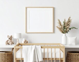 Minimalist nursery interior with wooden crib blank frame and pampas grass