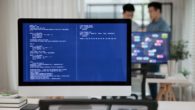 Smart AI cyber bot deep tech tools help write prompt code screen. Asia people asian man IT team typing busy talking work on predict big data center office reskill upskill STEM expert skill job course.