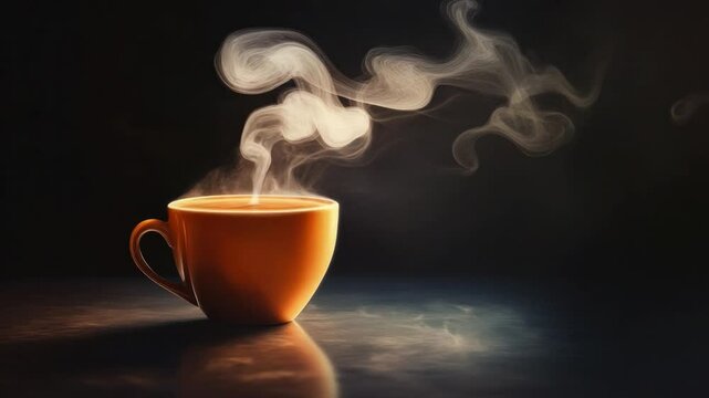 Steaming Coffee: A warm cup of coffee exudes inviting wisps of steam against a dark, reflective backdrop. The image captures the comfort and warmth of a relaxing moment.