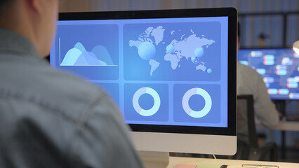 Asia people expert man tech talent team working on project predict sales insight SEO graph chart AI plan visual big data science report center BI smart tools screen. Office worker asian analyst job.