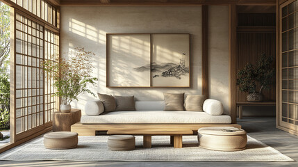 serene Japandi style living room featuring natural materials and minimalist design