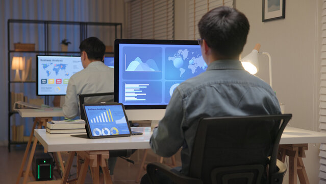 Asia people expert man tech talent team working on project predict sales insight SEO graph chart AI plan visual big data science report center BI smart tools screen. Office worker asian analyst job.