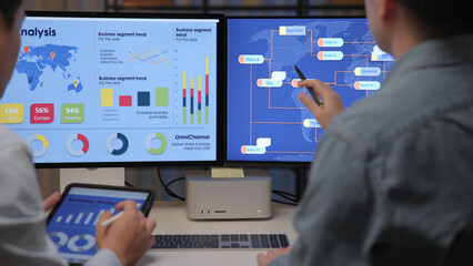 Asia people expert man tech talent team working on project predict sales insight SEO graph chart AI plan visual big data science report center BI smart tools screen. Office worker asian analyst job.