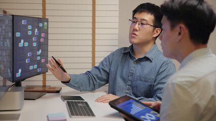 Asia people expert man tech talent team working on project predict sales insight SEO graph chart AI...