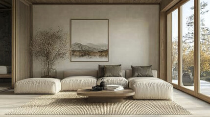 serene Japandi style living room featuring neutral tones and natural materials, creating calming