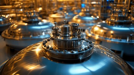 Bioreactor manufacturing facility, stainless steel tanks, process, production, industrial background, pharmaceutical