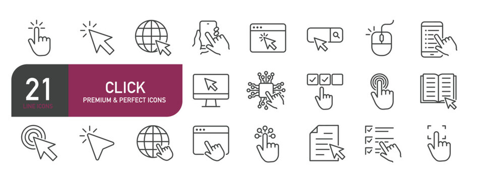 Set of line icons related to click, cursor. Outline icons collection. Editable stroke. Vector illustration