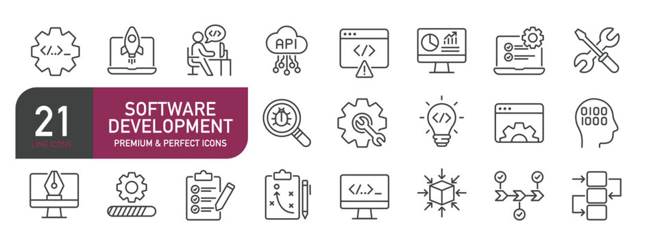 Set of line icons related to software development, programming, coding. Outline icons collection. Editable stroke. Vector illustration