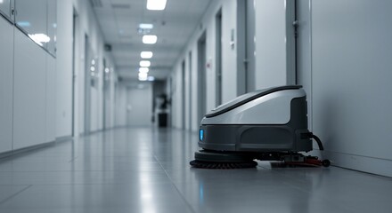 Autonomous floor scrubber cleaning a long empty and modern hallway