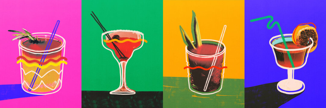 Surreal graphic collage. Collage. Four artistic cocktails in glasses with straws and herbs on colorful backgrounds in row layout. Concept of drink variety, party time, celebration