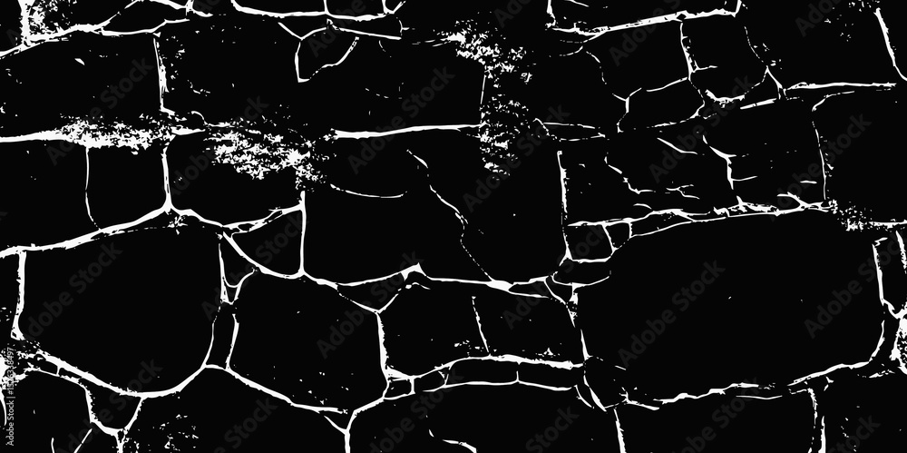 Poster black and white image showing a cracked surface with a rough and weathered texture black background.