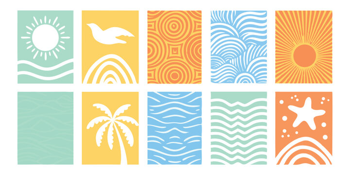 Decorative collection of stylized beach themed illustrations perfect for summer designs and vacation concepts.