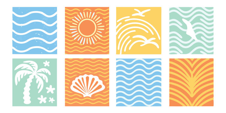 Colorful summer themed pattern set featuring waves palm tree shell and other beach related elements in unique designs