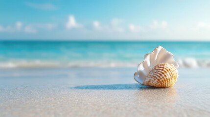 Obraz premium A beautiful seashell rests gently on the sandy beach, reflecting the tranquil ambiance of the sea under the clear blue sky, emphasizing nature's artistic designs and calmness.