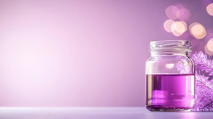 A beautifully crafted glass jar filled with vibrant purple liquid is illuminated by soft bokeh lights, exuding a sense of whimsy and artistic charm in a thoughtful, creative context.