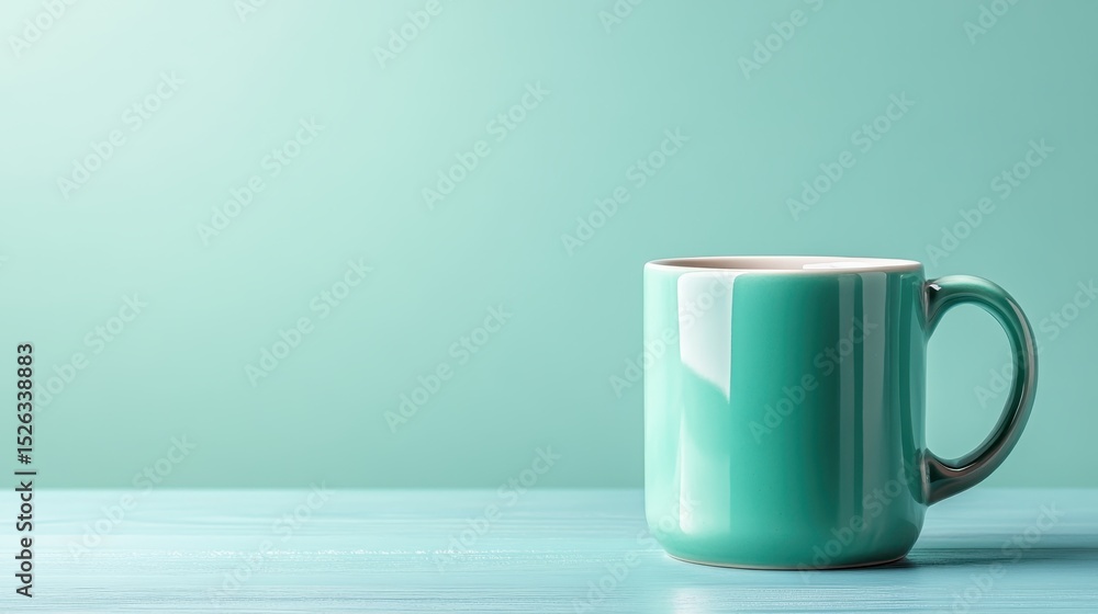 Poster a vibrant teal mug rests on a softly textured wooden table, creating a warm and inviting ambiance. t