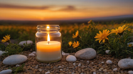 Serene Sunset Scene with Lit Candle in Jar and Yellow Flowers