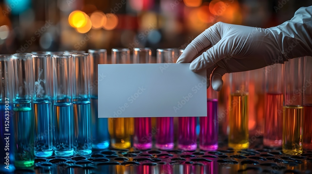 Poster a laboratory experiment setup with colorful liquids and a blank gift card