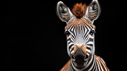 Fototapeta premium A captivating close-up of a zebra’s face showcases its distinct black and white stripes, piercing blue eyes, and expressive features against a dramatic black background for impact.