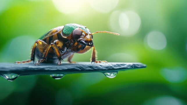 This macro shot reveals a striking insect with iridescent features perched on a leaf, showcasing nature's artistry and the beauty found in unexpected details. - Powered by Adobe