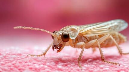 Obraz premium An intricate close-up shot of a delicate insect, showcasing its fine details against a soft pink background, highlighting the complexity and beauty of small creatures in nature.