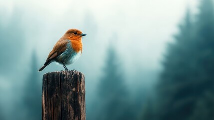 Fototapeta premium A charming bird with vibrant orange feathers stands on a wooden post amidst a misty forest backdrop, embodying nature's beauty and the joy of wildlife observation.