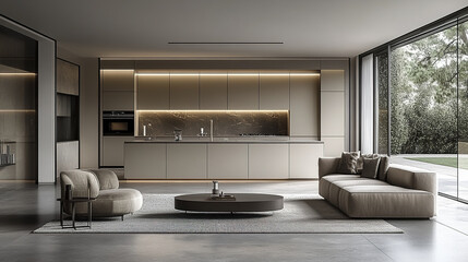 modern minimalist kitchen and living room design featuring clean lines and neutral tones