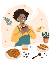 vector illustration black woman with coffee in bakery