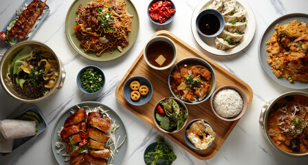 Overhead shot of different food dishes on a flat surface.