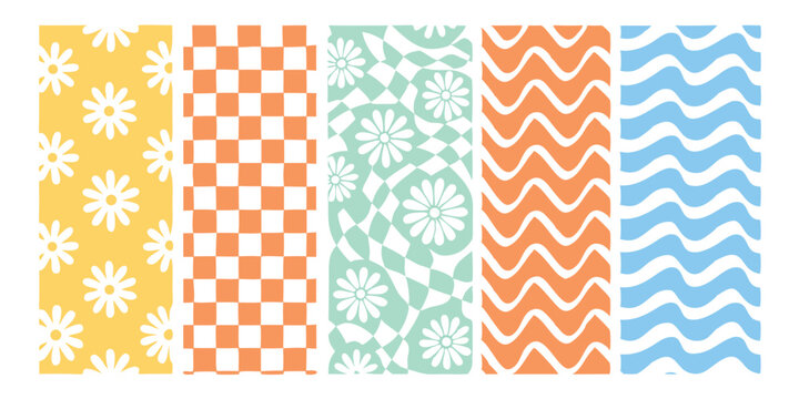 Vibrant collection of retro style seamless patterns featuring daisies checkered and wave designs for various creative projects