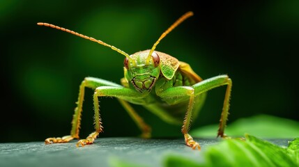 Fototapeta premium A striking close-up of a grasshopper showcases its vibrant green colors and detailed features, allowing for appreciation of nature's intricacies and beauty.