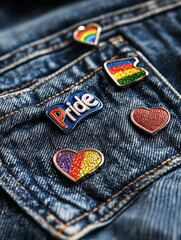 Pride pins on denim symbolize diversity and inclusion.