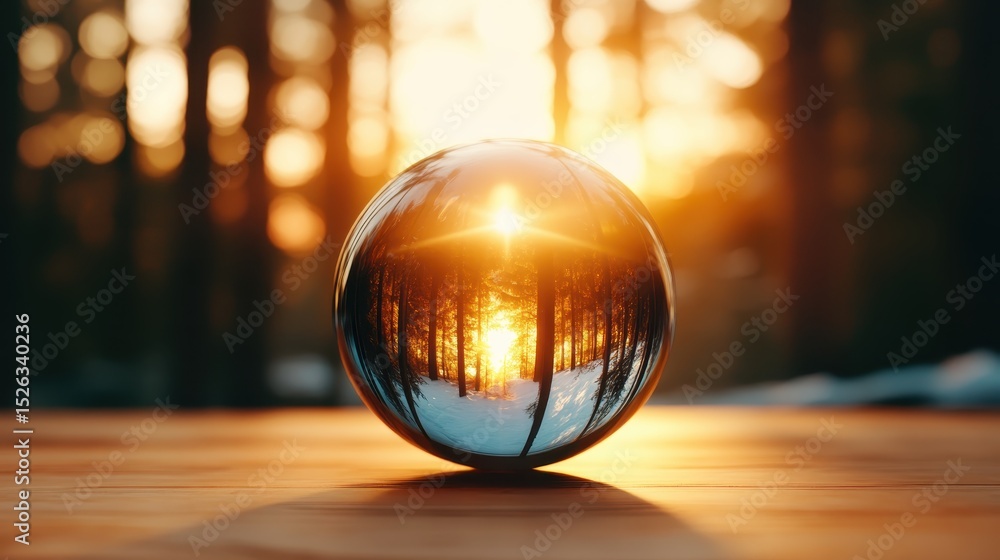 Poster a crystal sphere captures the enchanting reflection of a sunset in a forest, creating a mesmerizing 