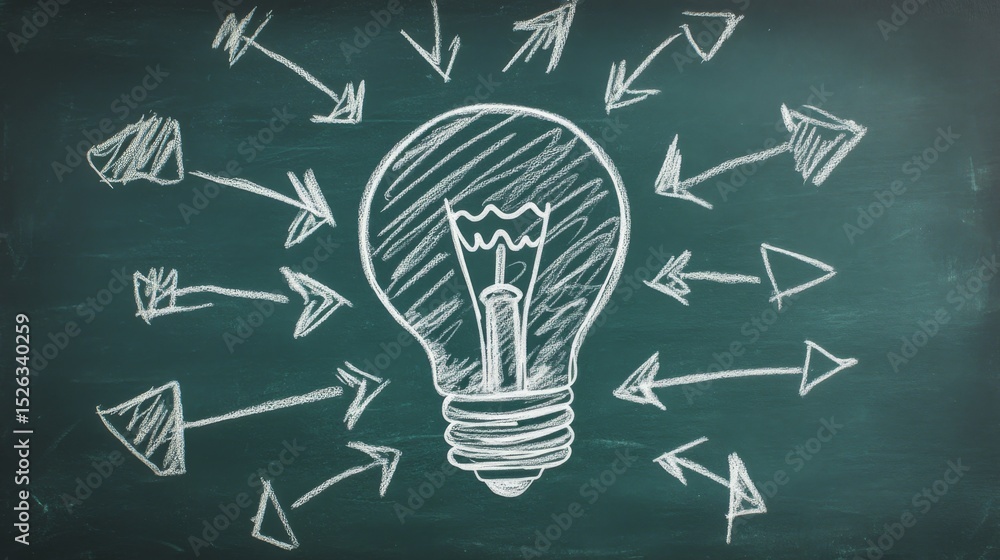 Poster a light bulb icon drawn on a chalkboard, surrounded by arrows and symbols representing a flow of new