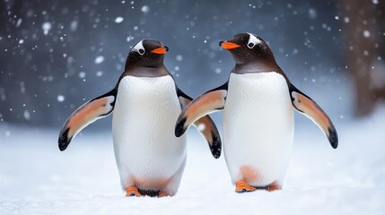 Fototapeta premium Two charming Gentoo penguins walk side by side through a snowy environment, embodying companionship and the beauty of nature while facing the winter chill together in harmony.