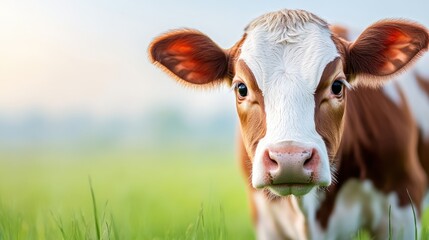 A delightful young calf gazes with curiosity in a lush green pasture, encapsulating the innocence and charm of rural life while enjoying the tranquility of nature's beauty.